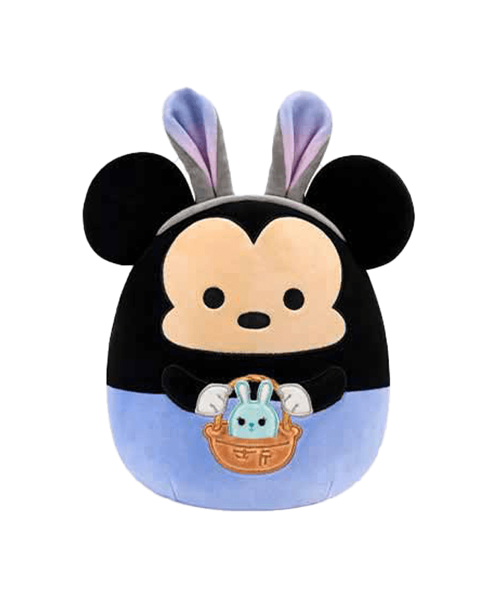 O Mickey & a Minnie estão vestindo roupinhas e segurando uma cestinha de Páscoa. 